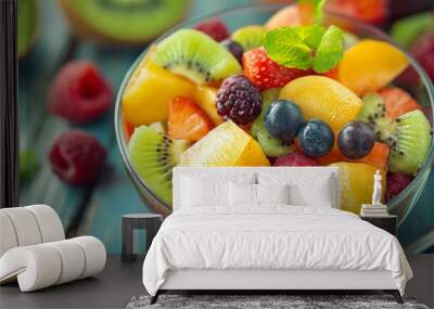 Fresh, nutritious fruit salad delights with colors and flavor. Contains juicy pieces of apples, grapes, oranges and strawberries, which are carefully mixed with the addition of mint leaves. Wall mural