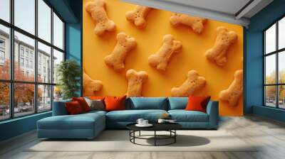 Pet products featuring bone-shaped treats for dogs placed in an empty space. Wall mural