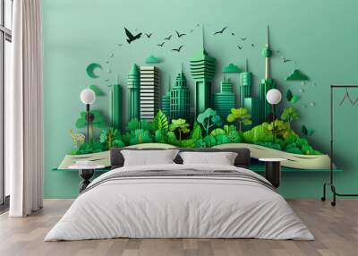 The illustration, cut from paper, shows an open book whose pages show an idyllic, green city. This unique art form conveys the idea of ​​ecological and environmentally friendly urban development. Wall mural