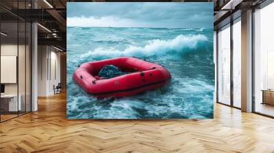 The red inflatable boat struggles with difficult conditions during a storm, with high waves and wind in rough seas. Wall mural