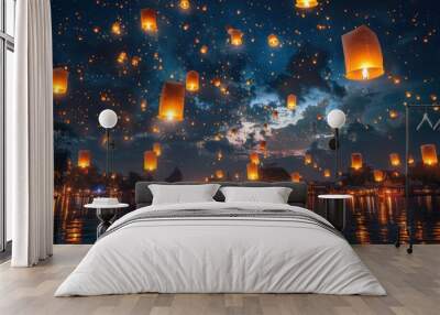 Beautiful sky lantern on the dark sky at night. Wall mural