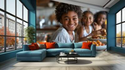 Family With Teenage Children breakfast In Kitchen Wall mural