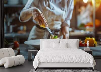 Woman chef preparing pasta on table closeup view Wall mural