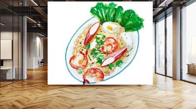 hand drawn watercolor illustration thai food instant noodles salad Wall mural