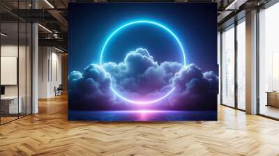 Abstract cloud illuminated with a neon light ring floating in a dark night sky with a glowing geometric round frame tilted angle, neon, creative, round, space, angle, atmosphere, artistic Wall mural