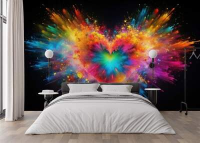 Abstract colorful heart shape explosion on black background at a tilted angle, graphic, festive, vibrant, 3D rendering, Valentine's Day, abstract expressionism., angle Wall mural