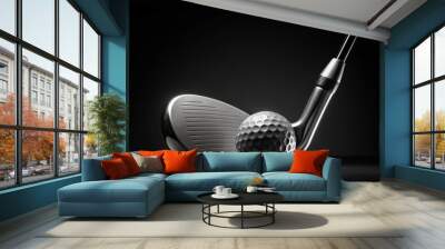 action, hitting, tee-off, precision, strike, closeup, game, leisure, recreation, A minimalist stock photo of a golf ball placed on a tee beside an iron club against a black background Wall mural