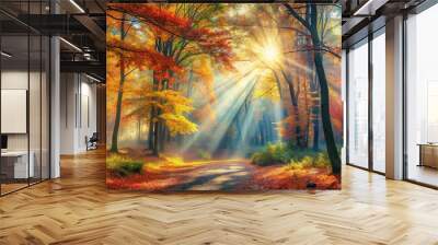 Asymmetrical magical forest scene with sunbeams and autumn colors in impressionist art style perfect for art and nature enthusiasts Wall mural