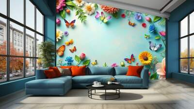 Bird's eye view of colorful flowers and butterflies on a black floral background Wall mural