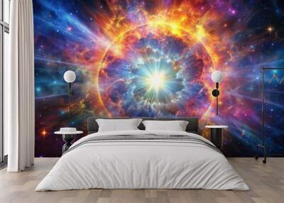 Brilliant supernova with explosive colors against cosmic backdrop, ideal for universe themed wallpaper Wall mural