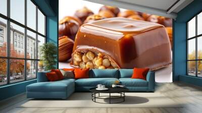 Caramel candy with a rich combination of hazelnut and chocolate photographed at a wide angle making the viewer crave its indulgent flavor, isolated, close-up, white background Wall mural