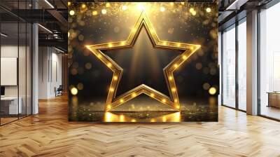 Close-Up Star gold light frame with spotlight effect decorations and bokeh on dark scene Black luxury background Award ceremony stage Wall mural