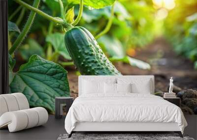 Close-up view of healthy green cucumber plant growing in a field ready for harvest Wall mural