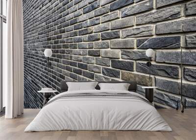 Exterior stone brick wall showcasing an angled shape in a medieval dark grey texture and background with a tilted angle, stronghold, angled shape, tilted angle, historical, medieval castle Wall mural