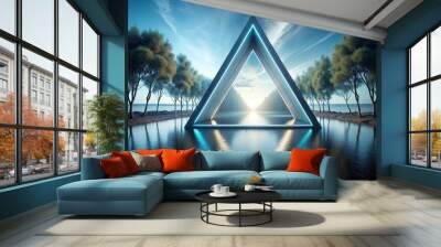 Futuristic landscape with a minimalist triangle portal , minimalism, technology, transportation, portal, concept, digital art, symmetry, teleportation, geometric, urban, architecture Wall mural