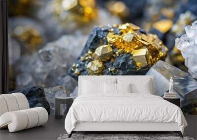 Molybdenite ore surface with white quartz, gold, metallic inclusions Wall mural