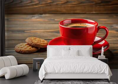 Red cup of coffee on saucer with cookies Wall mural