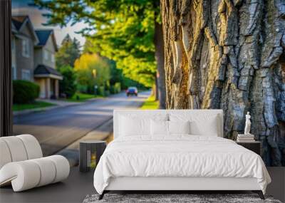 Road to the Residence with tree at sideway Extreme Close Up, summer, extreme close-up, driveway, journey, green, destination, leaf, pathway, sideway,road, residence, asphalt, travel Wall mural