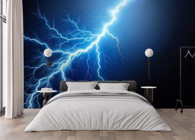 Shaft of lightning isolated on a blue black background, danger, electricity, dramatic, electrical, flash, energy, electric, power,lightning, sky, thunder, nature, atmospheric, bright Wall mural