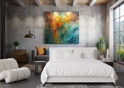 Sofa in a modern loft space with a large abstract painting reflected on the wall, reflected,sofa, home decor, large, space, wall, loft, modern Wall mural