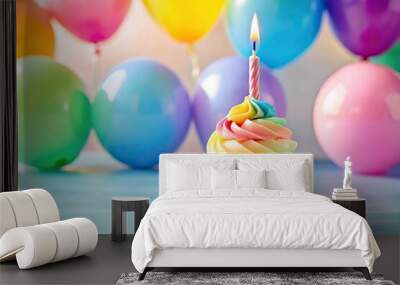 Wide-angle birthday cupcake with balloons and candle in pastel rainbow colors Wall mural