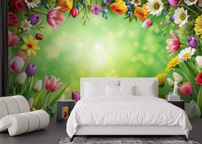 Wide-angle shot of spring flowers framing a green background Wall mural