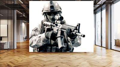 a american military army special force soldier with camouflage helmet and a rifle gun in his hands shootoing shots. isolated without background. transparent png. Generative AI Wall mural