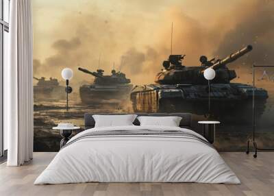 a armored tank shooting of a battle field in a war. bombs and explosions in the background. fire smo Wall mural