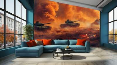 a armored tank shooting of a battle field in a war. bombs and explosions in the background. fire smoke and ash in a desert storm everywhere. pc desktop wallpaper background. 16:9, 4k Wall mural