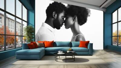 a beautiful heterosexual black afro-american couple kissing and looking in each others eyes. true romantic love. man and woman close to each other. isolated on white background. Generative AI Wall mural