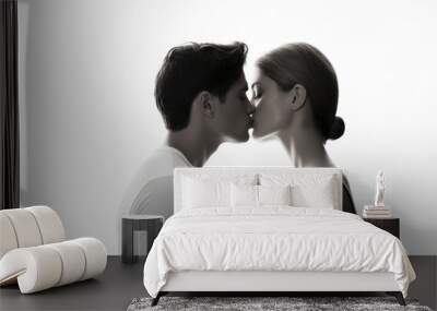 a beautiful heterosexual white european american couple kissing and looking in each others eyes. true romantic love. man and woman close to each other. isolated on white background. Generative AI Wall mural