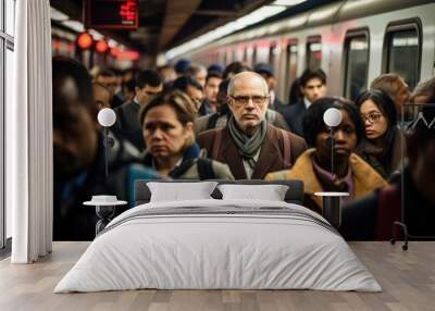 a big crowd of people in the new york subway metro in rush hour on their way home driving with trains. in the evening after work day. everybody is tired. Generative AI Wall mural