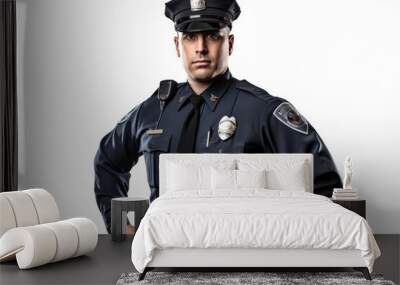 a closeup photo a white caucasian american nyc male police office with uniform and hat standing. isolated on white background. Generative AI Wall mural