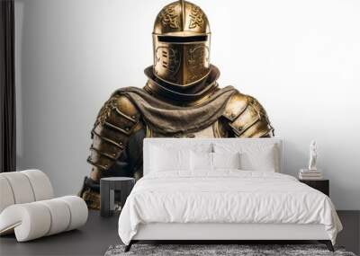 a closeup photo image of a medieval knight in a golden and steel armour. isolated on white studio background. Generative AI Wall mural