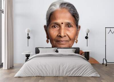 a closeup photo portrait of a beautiful old senior asian indian model woman smiling. used for a web or print ad. isolated on white wall background. Generative AI	 Wall mural