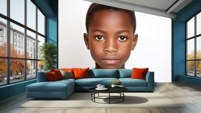 a closeup photo portrait of a beautiful young black african afro american model teen boy looking forward. child ad with copyspace. isolated on white background. Generative AI Wall mural