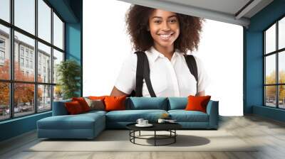 a closeup photo portrait of a beautiful young black african american school girl student smiling and looking straight. used for a ad. isolated on white background. square format. Generative AI Wall mural