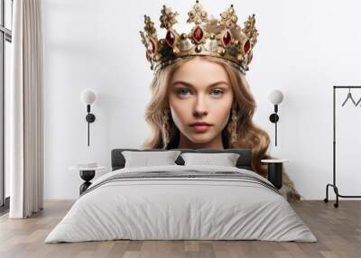 a closeup photo portrait of a beautiful young medieval european blonde queen with a gold crown on head and royal dress. isolated on white studio background. Generative AI Wall mural