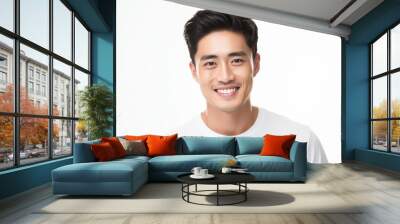 a closeup photo portrait of a handsome asian man smiling with clean teeth. used for a dental ad. guy with fresh stylish hair with strong jawline. isolated on white background. Generative AI Wall mural