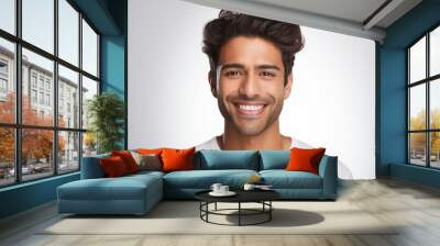 a closeup photo portrait of a handsome indian man smiling with clean teeth. used for a dental ad. guy with fresh stylish hair and beard with strong jawline. isolated on white background. Generative AI Wall mural