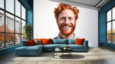 a closeup photo portrait of a handsome irish ginger adult man smiling with clean teeth. used for a dental ad. guy with trendy stylish hair and beard. isolated on white background. Generative AI Wall mural