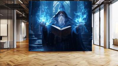 a drawing illustration of a old ice magic wizard man with long grey hair and white beard holding a magical book and using freeze sphere spells. background wallpaper. Generative AI Wall mural