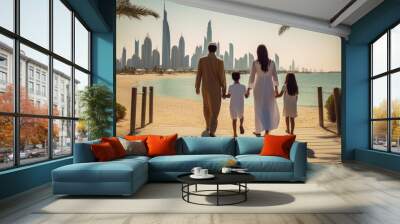 a family parents with their children walking on the beach in the vacation in dubai uae. enjoying holiday together. skyscrapers burj khalifa in the background. for tourism ads and design. Generative AI Wall mural