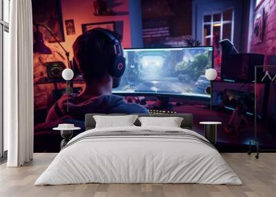 a handsome gamer guy gaming on his pc computer console with keyboard mouse and headphones in front of multiple monitor. sitting on a chair in his gaming room with rgb led lights. Generative AI Wall mural