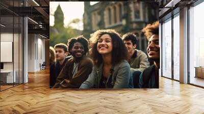 a photo of group of students friends sitting after a lesson outside at university campus with their backpacks after school time for a lunch. diverse people equality for everyone. Generative AI Wall mural