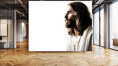 a photo portrait of jesus christ with long hair and a white robe. beautiful handsome man with beard. isolated on white studio background. looking to the left side. blank copyspace. Generative AI Wall mural