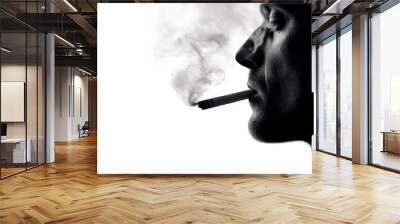 a silhouette of a smoking mature man smoking cigarette. burning cigarette in the mouth. man face on the right side. blank space. isolated on white background. black and white filter. Generative AI Wall mural