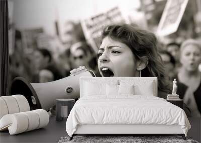 a woman shouting through megaphone on a workers environmental protest in a crowd in a big city. black and white documentary photo. Generative AI Wall mural