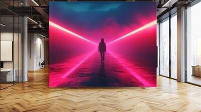 a young woman person walks in alley a synthwave sci-fi cyberpunk futuristic city with skyscrapers buildings in neon pink and purple colors. wallpaper background 16:9 Wall mural