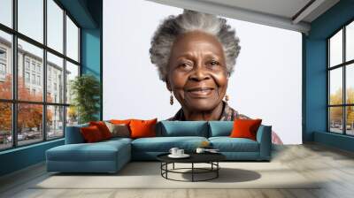 close-up portrait of a senior old black african american woman with grey hair, studio photo, isolated on white background. Generative AI Wall mural